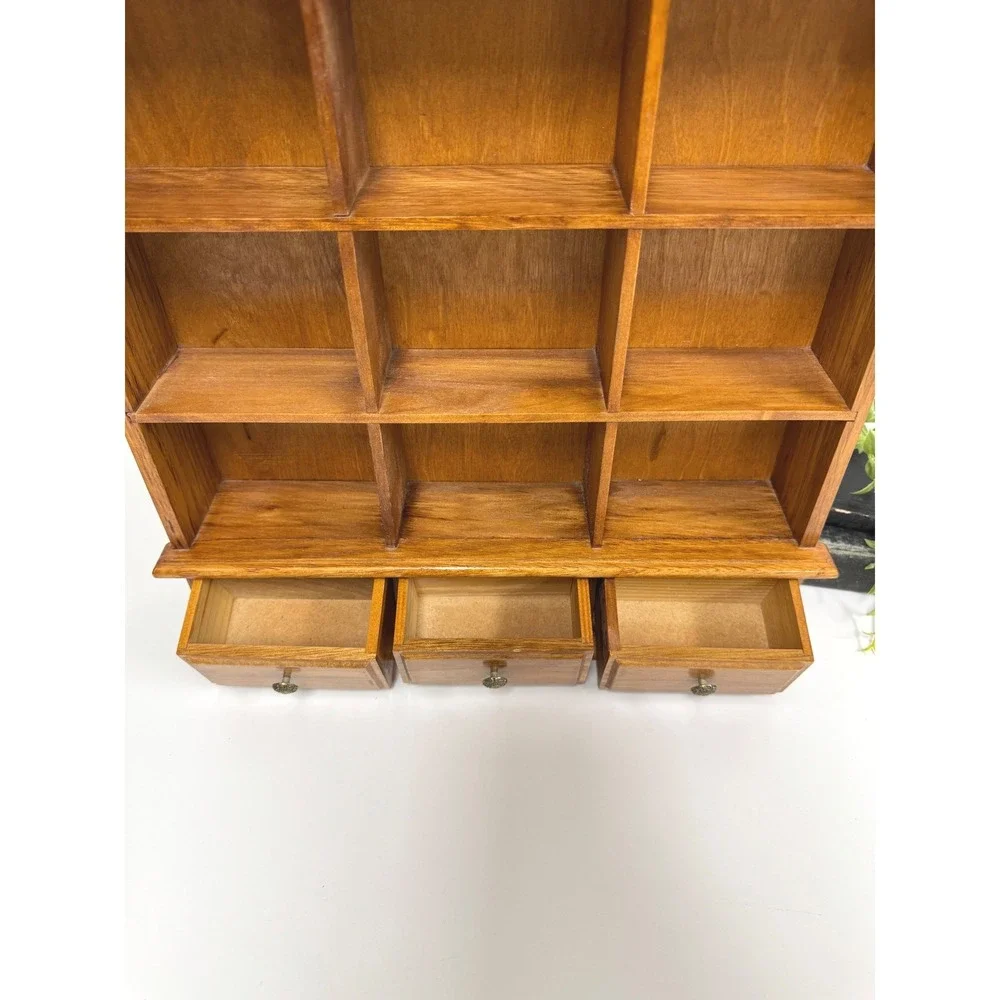 Vintage Wood trinket Box Wall Shelf 9 Cubby 3 Drawer Curio Collectibles Display